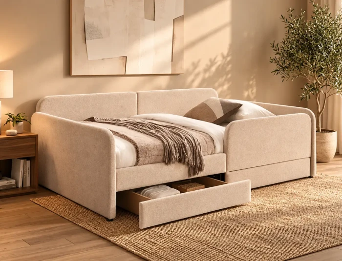 Przytulna beżowa sofa z wysuwaną szufladą.webp